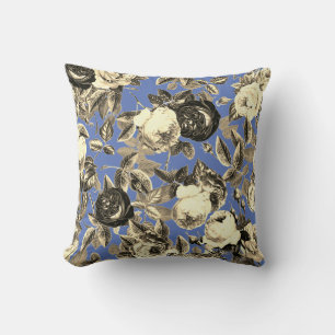 Elegant Vintage Guld Beige Ro på Blue Kudde