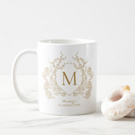 Elegant Vintage Guld Blommigt Vapensköld Monogram Kaffemugg