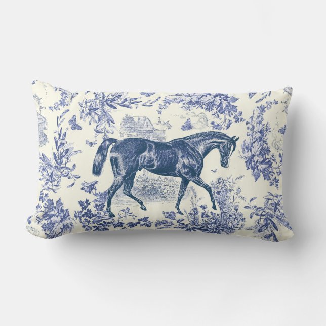 Elegant Vintage Häst Blå Blommig Toile Lumbarkudde (Framsida)