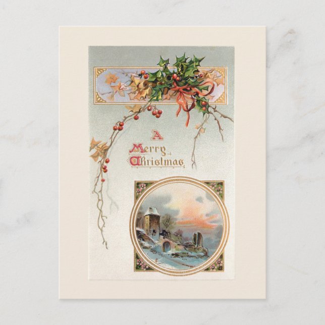 Elegant Vintage Holly, Rustic Scene & Hälsning Vykort (Framsida)