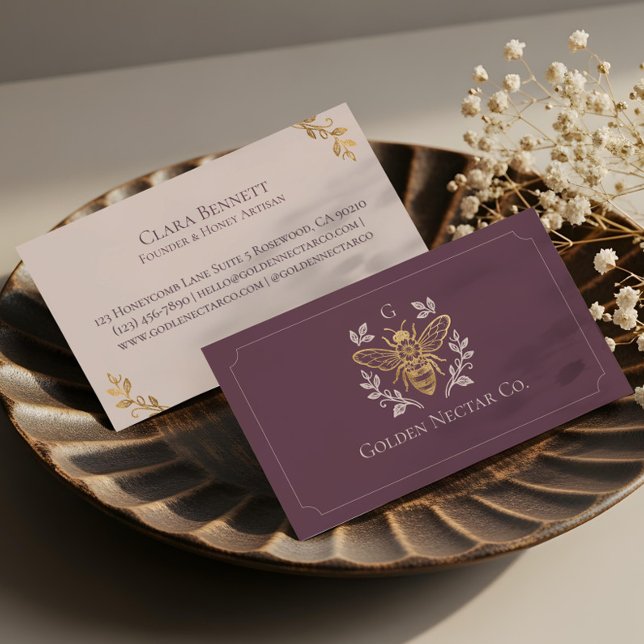 Elegant Vintage Honungsbi Blommig Lyx Monogram Visitkort (Elegant Vintage Honey Bee Floral Luxury Monogram Business Card)