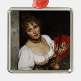 Elegant Vintage Italiensk Kvinna med en Röd Solfjä Julgransprydnad Metall