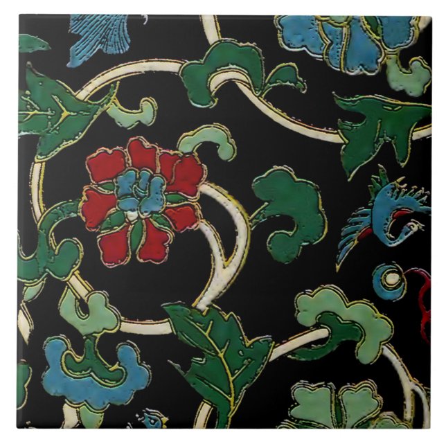 Elegant Vintage japansk Blommigt Kakelplatta (Framsidan)