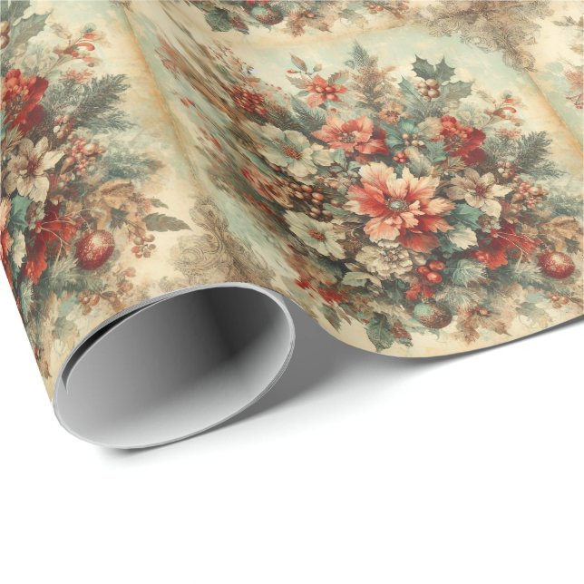 Elegant Vintage jul Flowers Presentpapper (Rullad Hörn)