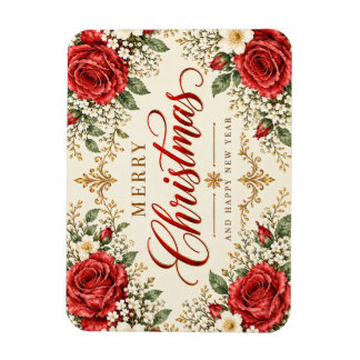 Elegant Vintage Jul Poinsettia & Holly Magnet