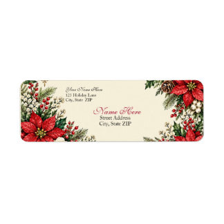Elegant Vintage Jul Poinsettia & Holly Returadress Etikett
