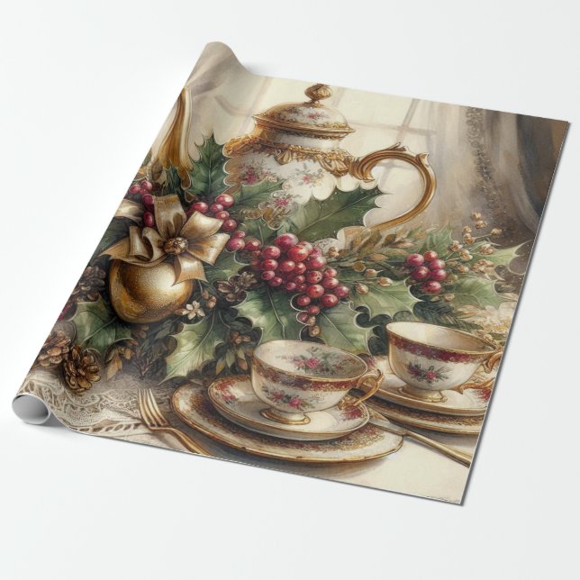 Elegant Vintage jul Tekanna and Greenery Presentpapper (Utrullad)