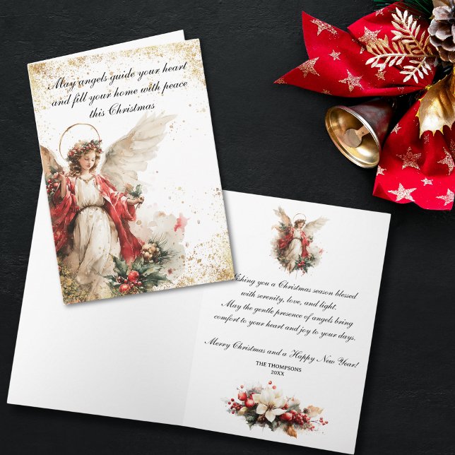 Elegant Vintage Julängel Helgkort (Watercolor Christmas card featuring a serene angel illustration with golden accents, )