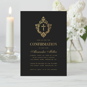 Elegant Vintage Konfirmation Svart Falskt Guld Vap Inbjudningar