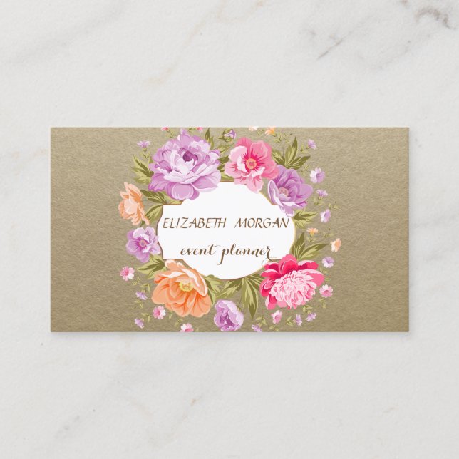 Elegant Vintage, Kraft, Blommig Visitkort (Framsida)
