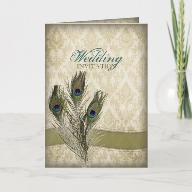 elegant vintage kräm damask påfågel bröllop inbjudan (Framsida)