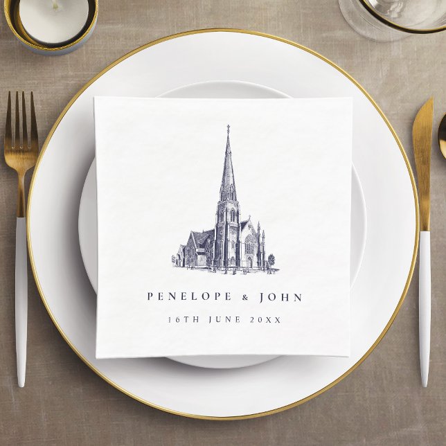 Elegant Vintage kyrkillustration Bröllop Pappersservett (Elegant Vintage Church Illustration Wedding Napkins)