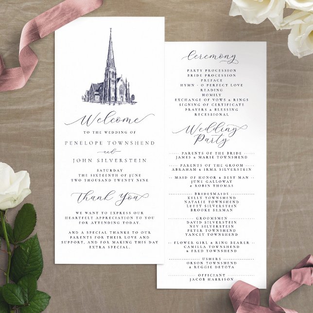 Elegant Vintage kyrkillustration Bröllop Program (Elegant Vintage Church Illustration Wedding Program)