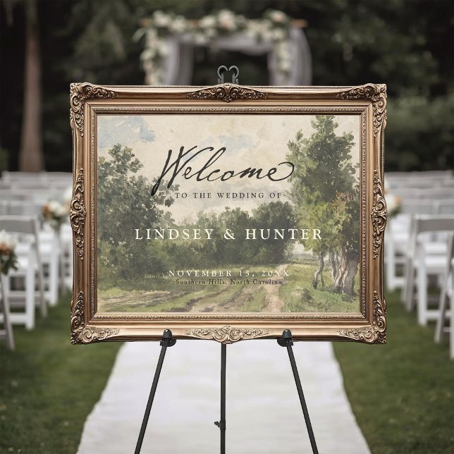 Elegant Vintage Landskapsmålning Bröllop Välkommen Poster (Elegant Vintage Landscape Painting scenic countryside trees wedding ceremony welcome sign poster)