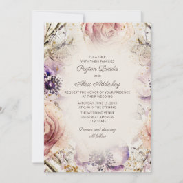 Elegant Vintage Lila Rosa Blommig Bröllop Inbjudningar