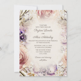 Elegant Vintage Lila Rosa Blommig Bröllop Inbjudningar