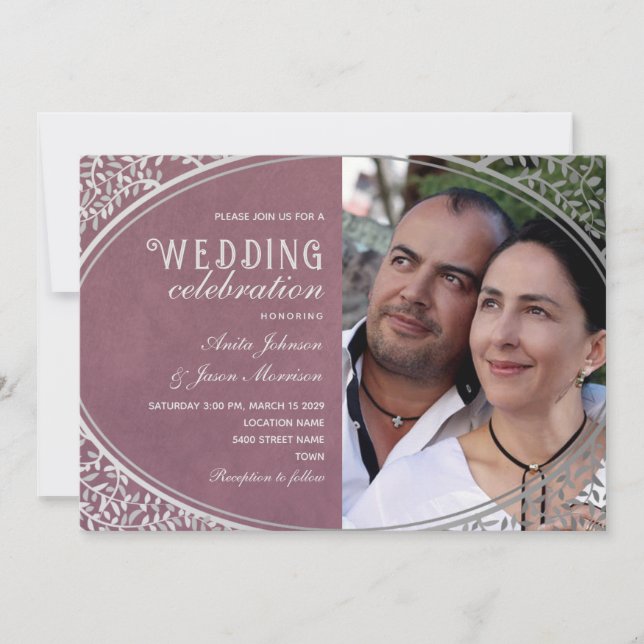 Elegant Vintage Lyx Lila Bröllop Inbjudningar (Framsida)