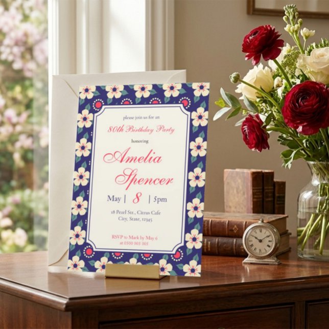 Elegant Vintage Marinblå Blommig Födelsedag Inbjudningar (Skapare uppladdad)