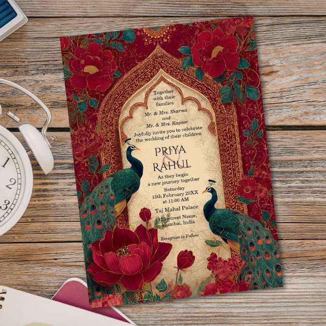 Elegant Vintage Maroon Guld Påfågel Indisk Bröllop Inbjudningar (Elegant Vintage Maroon Gold Peacock Indian Wedding Invitation)