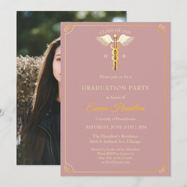 Elegant Vintage Medical Graduation Invitation | Du Inbjudningar (Fram/baksida)