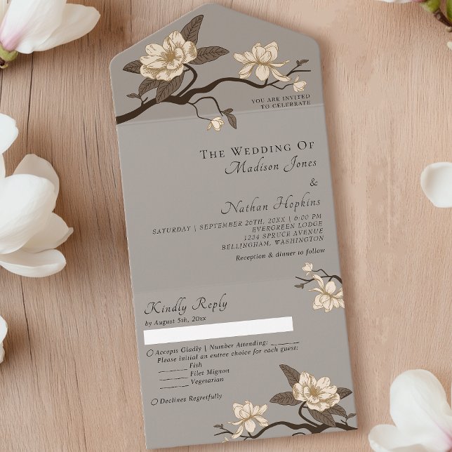 Elegant Vintage Minimal Grått Magnolia Bröllop (Skapare uppladdad)