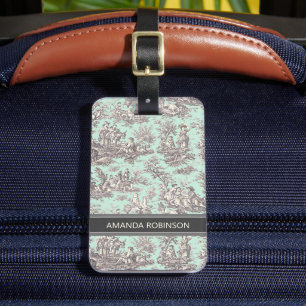 Elegant vintage mint grått toile de jouy bagagebricka