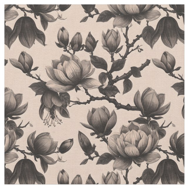 Elegant Vintage Monochrome Magnolia Fabric Tyg (Närbild)