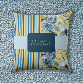Elegant Vintage Monogram Blå Guld Blommig Randig Kudde