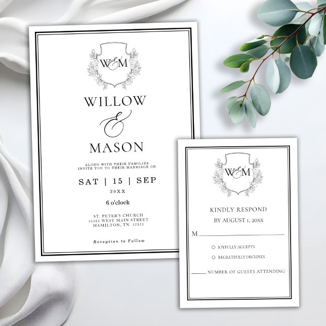 Elegant Vintage Monogram Bröllop Inbjudningar (Elegant Vintage Monogram Wedding Invitation show with RSVP card)