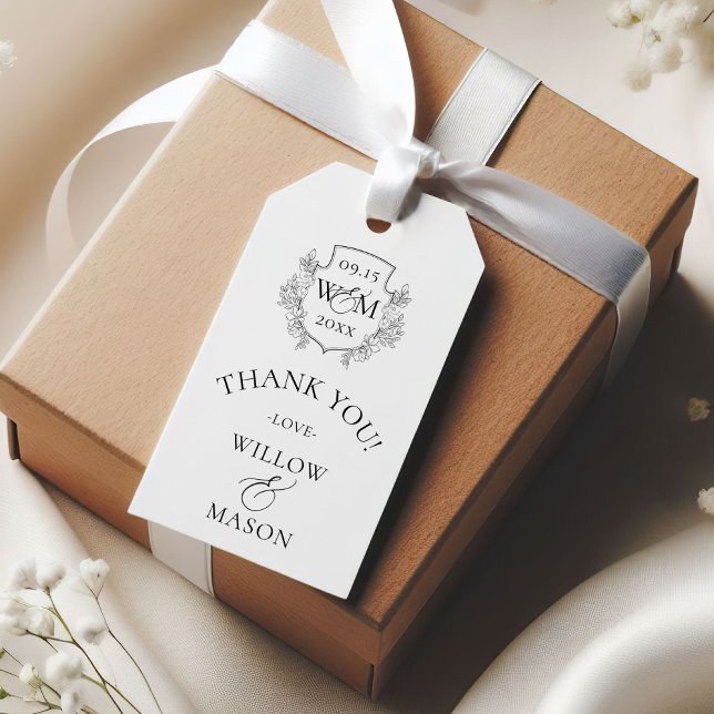 Elegant Vintage Monogram Bröllop Tack Presentetikett (Elegant Vintage Monogram Wedding Thank You Gift Tags)