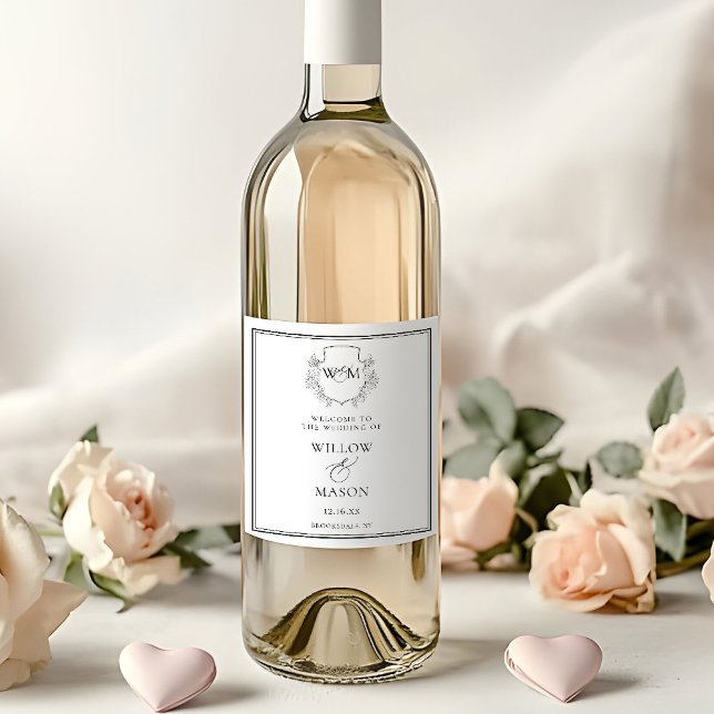 Elegant Vintage Monogram Bröllop Vinflaska Etikett (Elegant Vintage Monogram Wedding Wine Label)