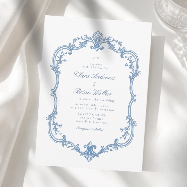 Elegant Vintage Monogram Bröllop Vitt Blått Inbjudningar (Elegant Vintage Monogram Wedding White Blue Invitation)