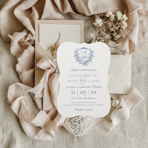 Elegant Vintage Monogram Dusty Blue Bröllop Inbjudningar