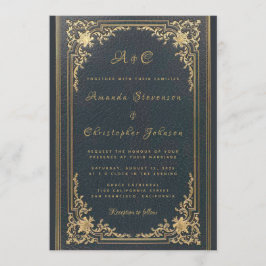 Elegant Vintage Monogram Guld på Marinblå Bröllop Inbjudningar