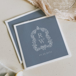 Elegant Vintage Monogram-krön Dusty Blue Bröllop Pappersservett