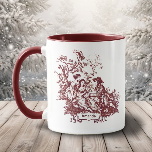 Elegant vintage monogram röd toile de jouy mugg (Skapare uppladdad)