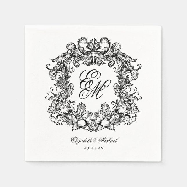 Elegant Vintage Monogram Vapensköld Script Bröllop Pappersservett (Framsidan)