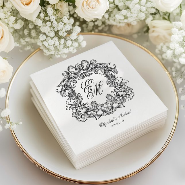 Elegant Vintage Monogram Vapensköld Script Bröllop Pappersservett (Skapare uppladdad)