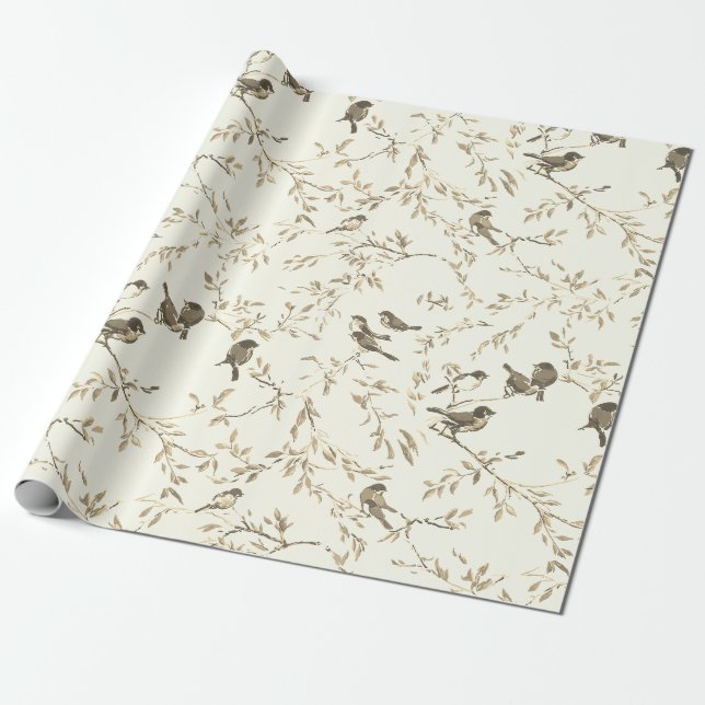 Elegant vintage mönster med fågel och gren  presentpapper (Utrullad)