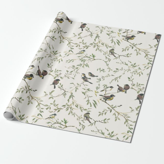 Elegant vintage mönster med fågel och grenar  presentpapper (Utrullad)