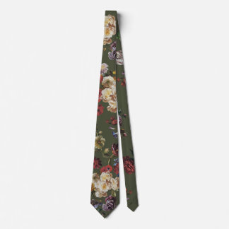 Elegant Vintage Mörk Moody Blommig på Olivgrön Slips