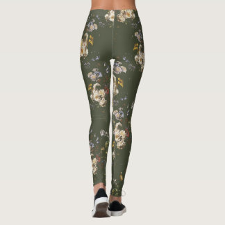 Elegant Vintage Mörk Moody Grön Blommig Leggings