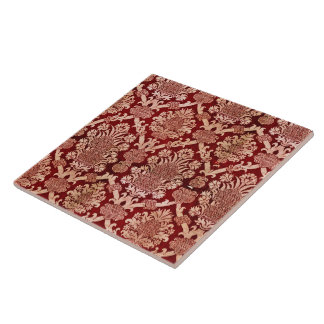 Elegant Vintage Mörk Red Beige Damask Weave Kakelplatta