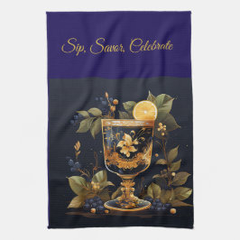 Elegant Vintage Navy Blue and Gold Christmas Kökshandduk