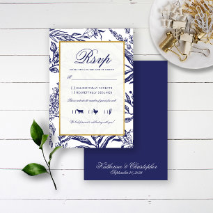 Elegant Vintage Navy Blue Guld Botanical Bröllop OSA Kort