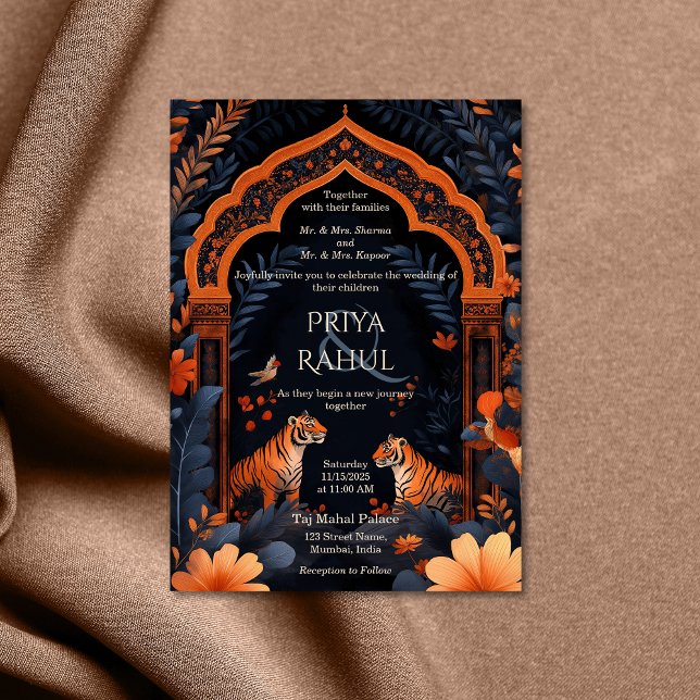 Elegant Vintage Navy Tigers Arch Indian Bröllop Inbjudningar (indian wedding invitation with two tigers)
