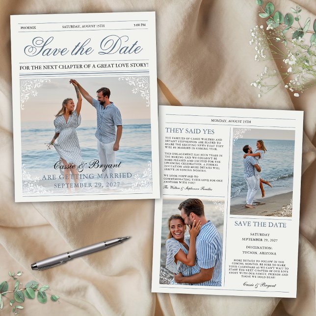 Elegant Vintage Newspaper Bröllop spara datum (elegant wedding engagement save the date announcement invitations with 3 photos unique vintage chic)