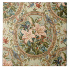 Elegant Vintage Nouveau Blommotiv med Fåglar Kakelplatta