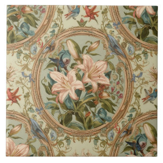 Elegant Vintage Nouveau Blommotiv med Fåglar Kakelplatta
