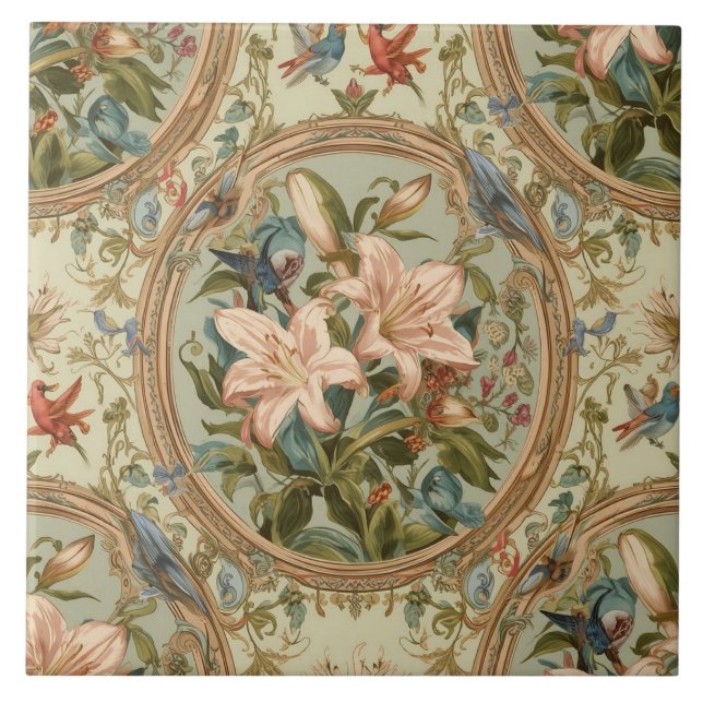 Elegant Vintage Nouveau Floral Birds Kakelplatta (Framsidan)